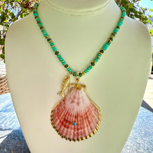 TURQUOISE BEADED + CORAL SEASHELL
