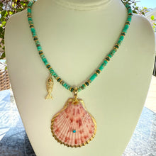TURQUOISE BEADED + CORAL SEASHELL