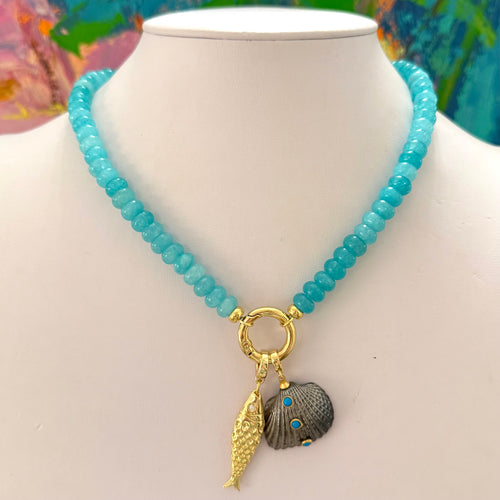 AQUA BEADED + GOLD FISH & SHELL