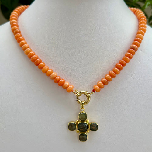 ORANGE BEADED + LABRADORITE CROSS