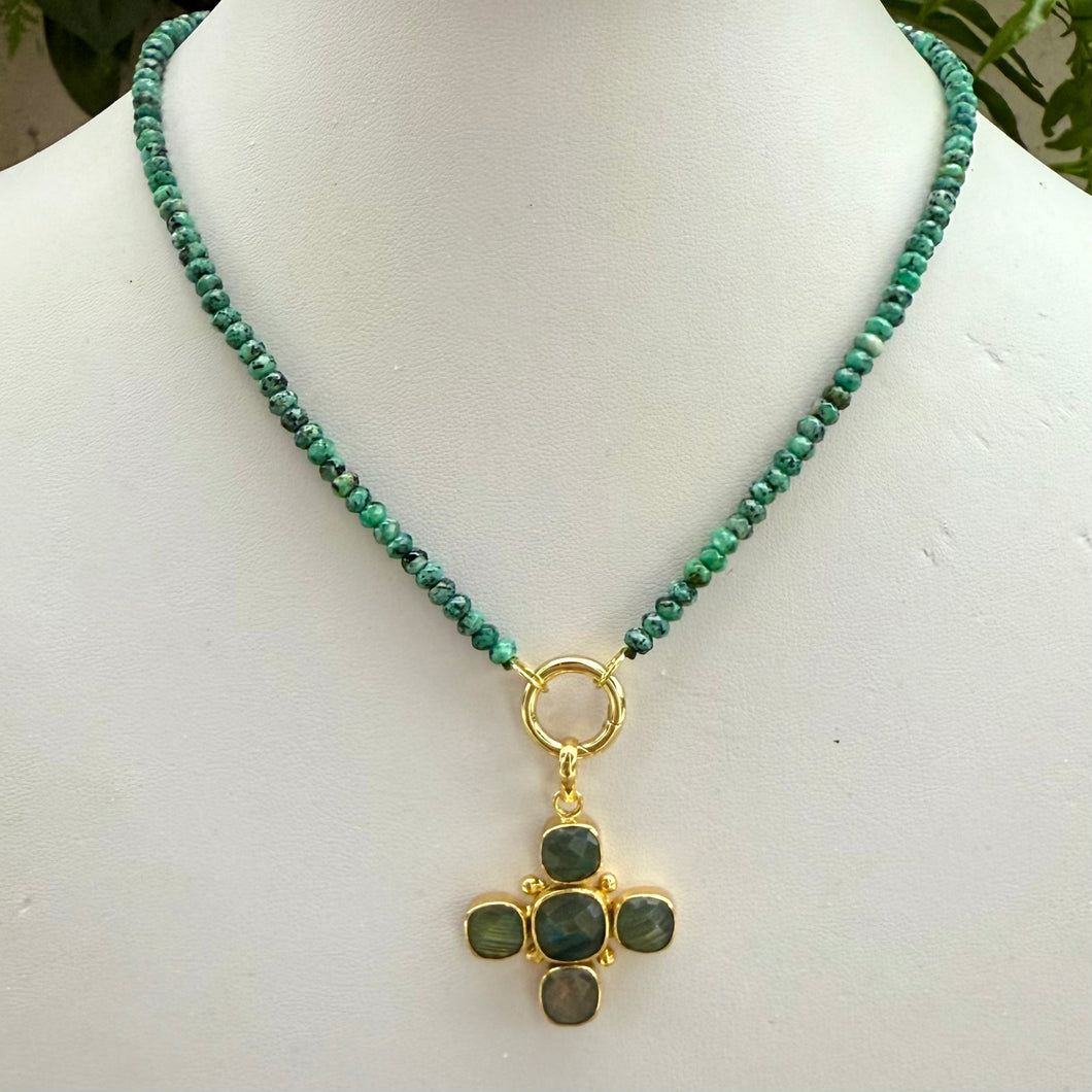 TURQUOISE BEADED + LABRADORITE CROSS