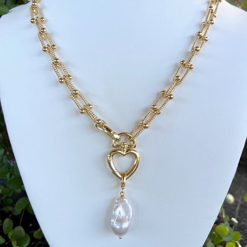 GOLD HEART CLASP + BAROQUE PEARL DROP