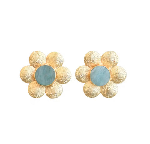 GOLD FLOWER GEMSTONE STUDS - BLUE