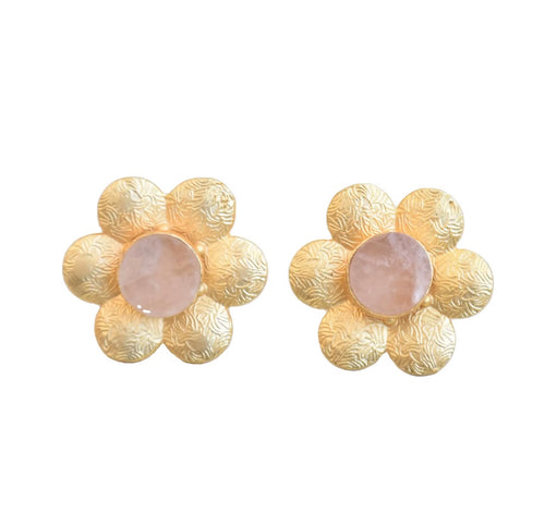 GOLD FLOWER GEMSTONE STUDS - PINK