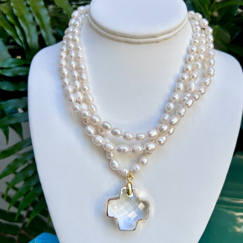 PEARL TRIPLE STRAND + CRYSTAL CROSS